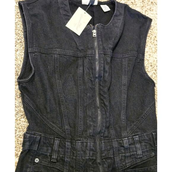 Black Denim Tailored 1 Pc Sleeveless Jumpsuit Size 6 Moto Grunge Military Punk - Picture 3 of 11